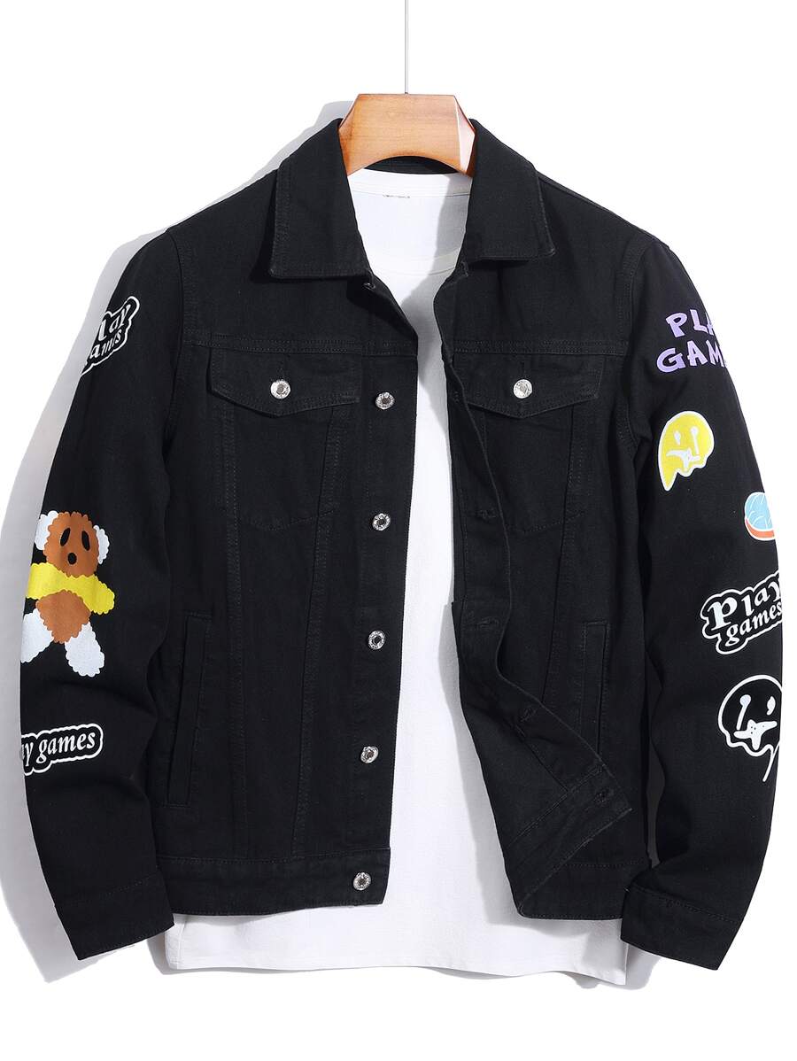 Manfinity Men 1pc Letter & Cartoon Graphic Denim Jacket - Black - View 1