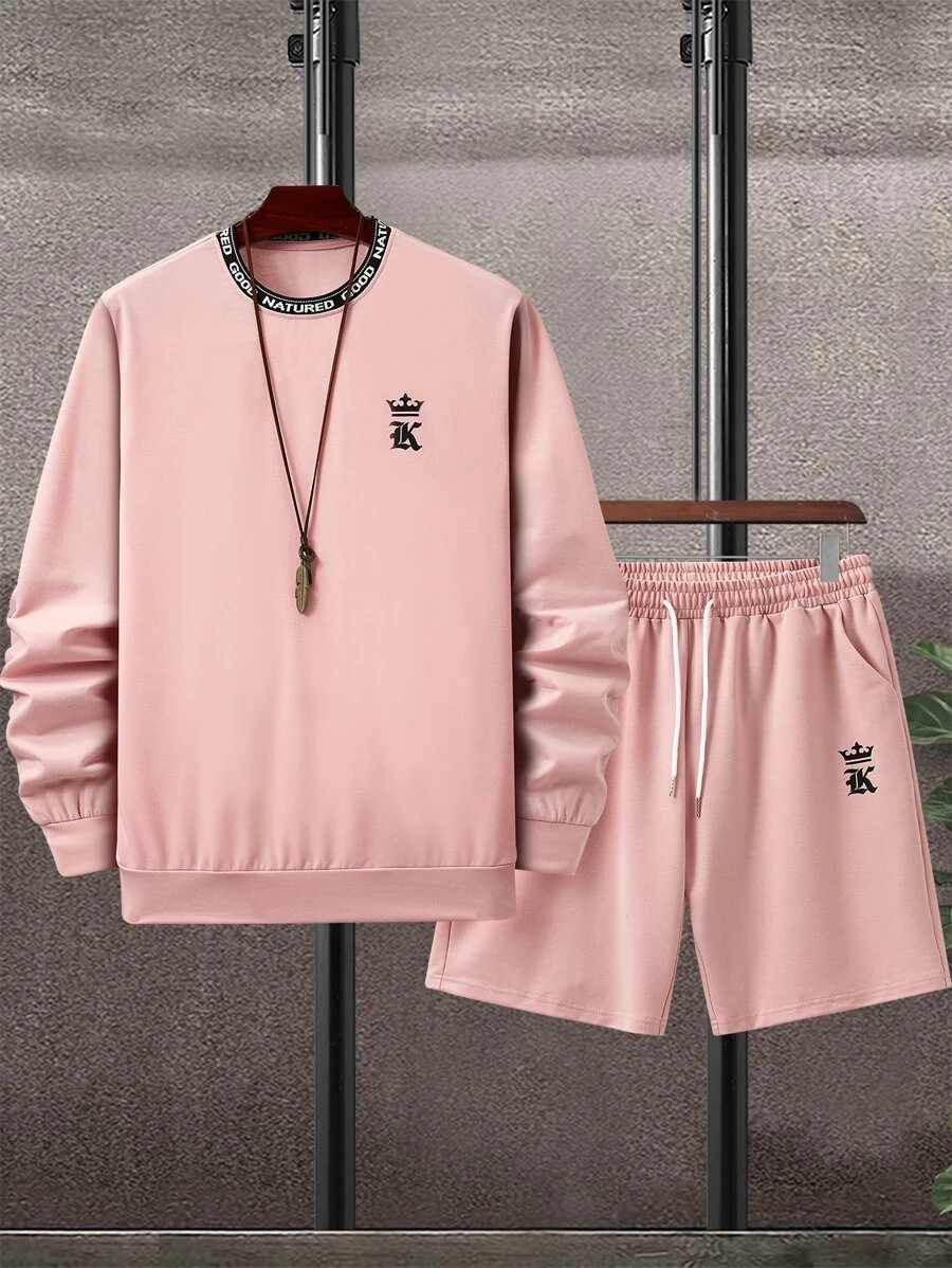 Manfinity Homme Men Crown & Letter Graphic Sweatshirt & Shorts - Baby Pink - View 1
