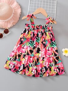 小女童印花荷葉邊肩上打結吊帶洋裝
