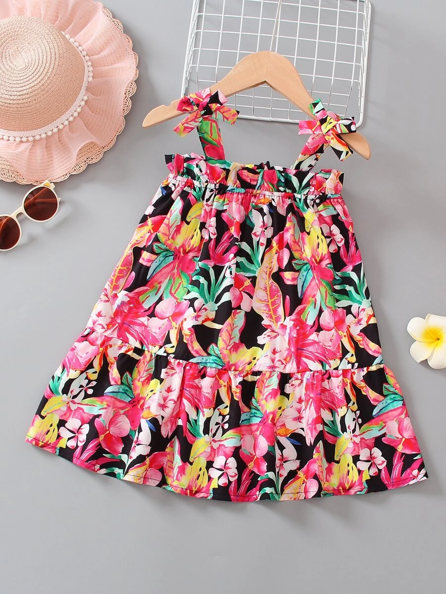 小女童印花荷葉邊肩上打結吊帶洋裝