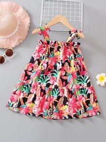 小女童印花荷葉邊肩上打結吊帶洋裝