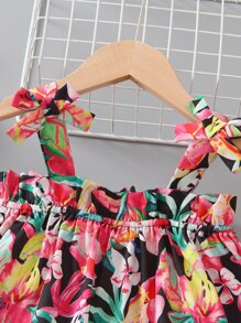 小女童印花荷葉邊肩上打結吊帶洋裝