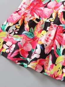 小女童印花荷葉邊肩上打結吊帶洋裝