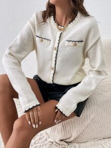 SHEIN Privé Cárdigan ribete en contraste de hombros caídos - Blanco - Ver 4