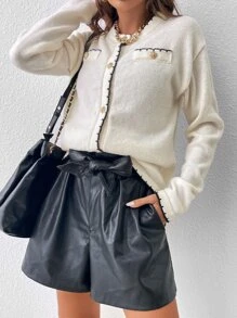 SHEIN Privé Cárdigan ribete en contraste de hombros caídos - Blanco - Ver 5