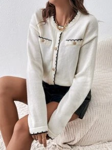 SHEIN Privé Cárdigan ribete en contraste de hombros caídos - Blanco - Ver 6