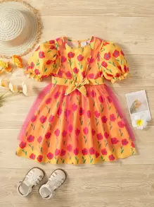 小女童印花泡泡袖洋裝和前繫帶網紗洋裝