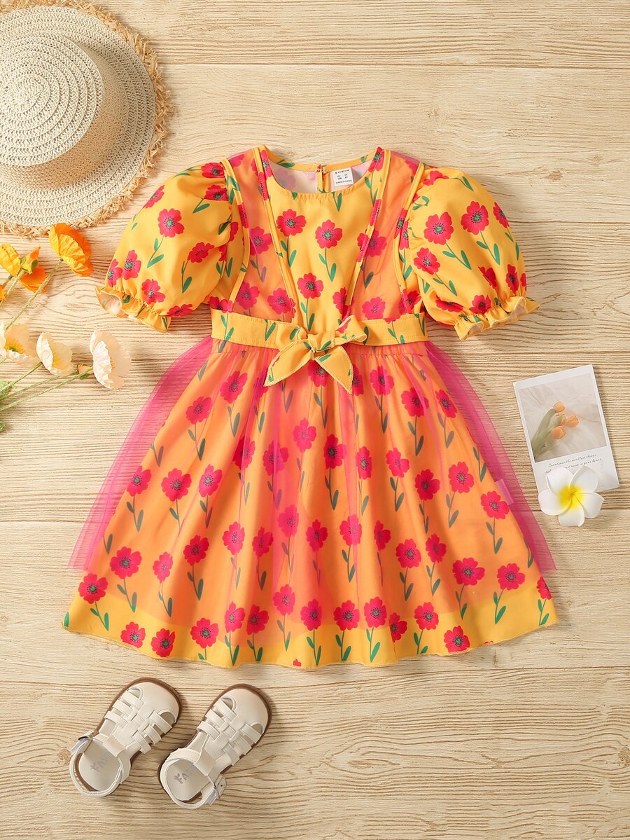 小女童印花泡泡袖洋裝和前繫帶網紗洋裝