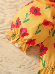 小女童印花泡泡袖洋裝和前繫帶網紗洋裝