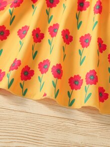 小女童印花泡泡袖洋裝和前繫帶網紗洋裝