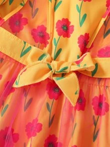 小女童印花泡泡袖洋裝和前繫帶網紗洋裝