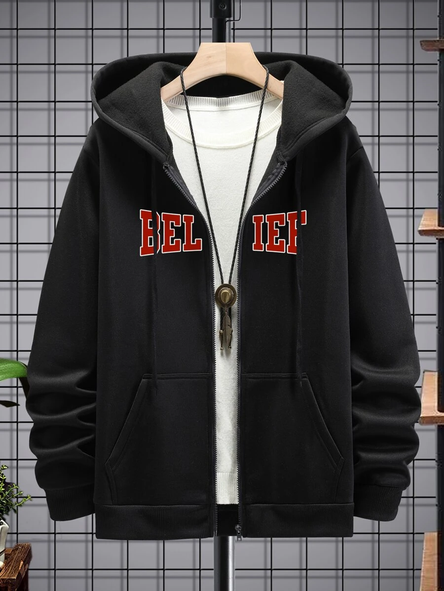 Manfinity Men Letter Graphic Zip Up Thermal Lined Drawstring Hoodie Without Tee - Black - View 1
