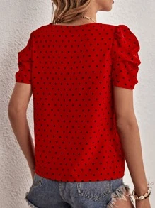 SHEIN Clasi 愛心圖案泡泡袖襯衫 - 紅色 - 查看 2