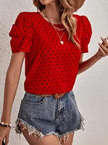 SHEIN Clasi 愛心圖案泡泡袖襯衫 - 紅色 - 查看 3