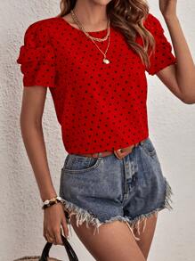 SHEIN Clasi 愛心圖案泡泡袖襯衫 - 紅色 - 查看 5