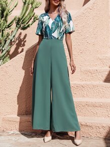 SHEIN Privé Tropical Print Wide Leg Jumpsuit - Green - View 4