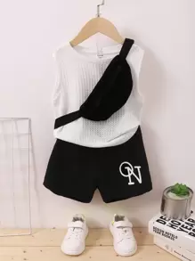 SHEIN Young Boy Tank Top & Letter Graphic Shorts - Black and White - View 1