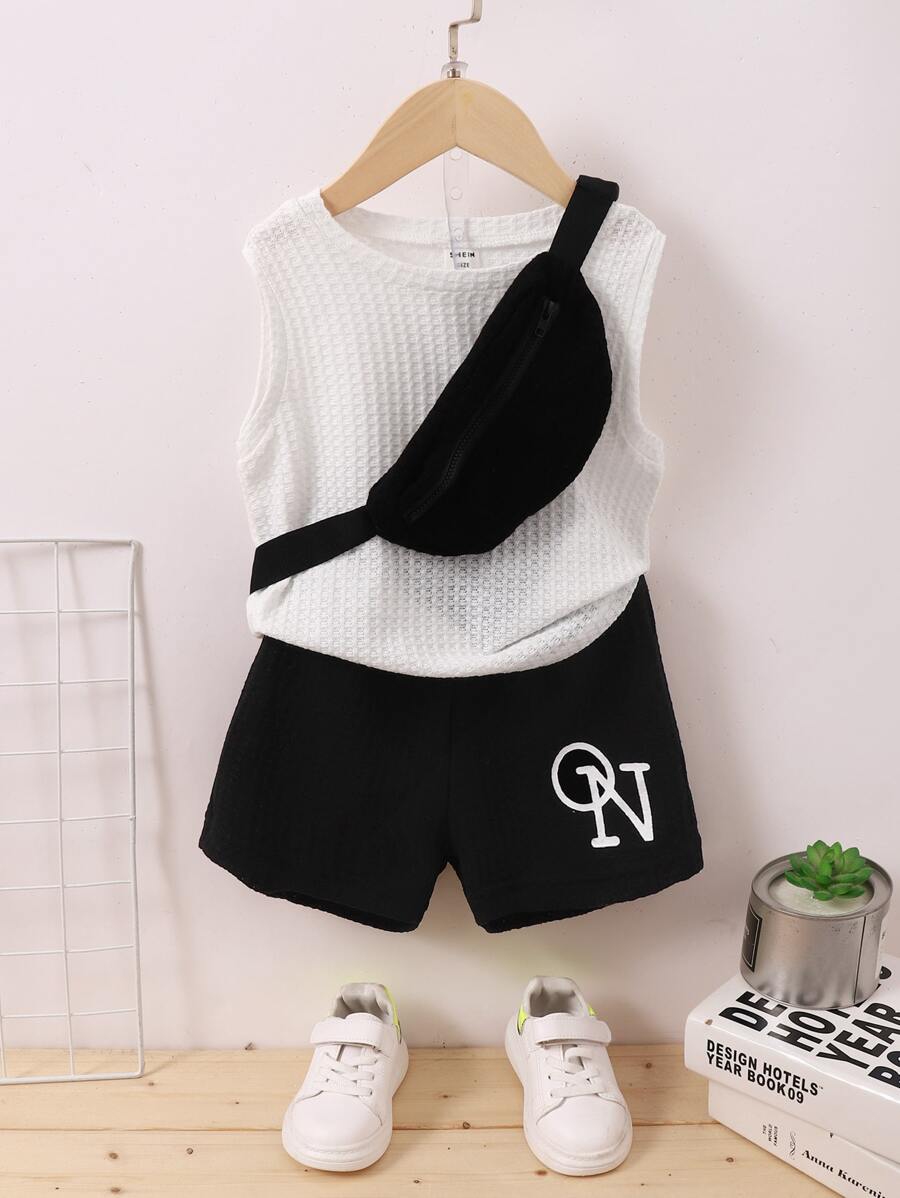 SHEIN Young Boy Tank Top & Letter Graphic Shorts - Black and White - View 1