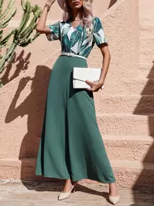 SHEIN Privé Tropical Print Wide Leg Jumpsuit - Green - View 1