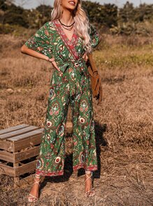 SHEIN VCAY Allover Print Surplice Neck Belted Jumpsuit - Green - View 4