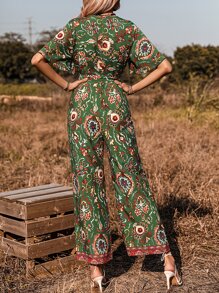 SHEIN VCAY Allover Print Surplice Neck Belted Jumpsuit - Green - View 5