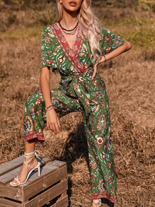 SHEIN VCAY Allover Print Surplice Neck Belted Jumpsuit - Green - View 3