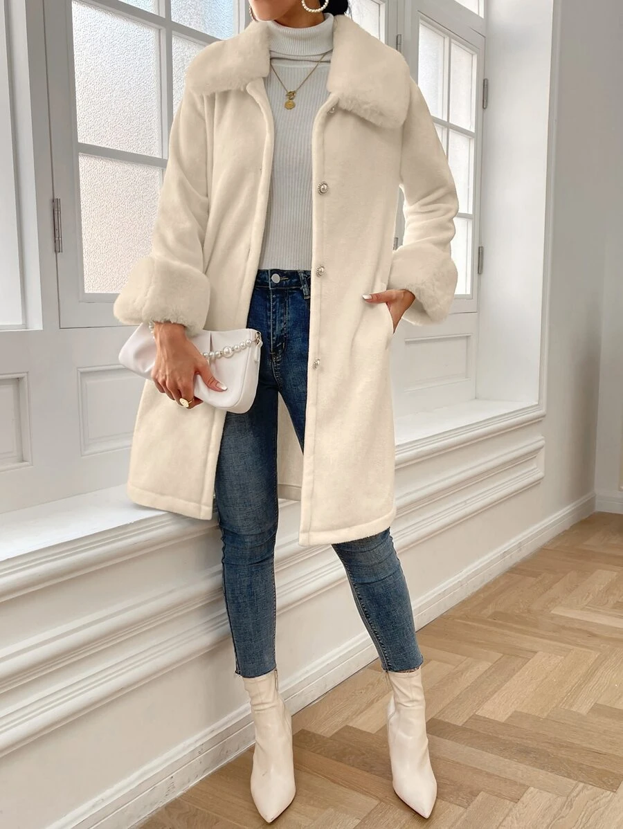 BizChic 羊絨領口拼接袖口斜口袋外套工作服 - 杏色 - 查看 1