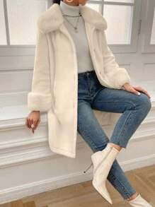 BizChic 羊絨領口拼接袖口斜口袋外套工作服 - 杏色 - 查看 6