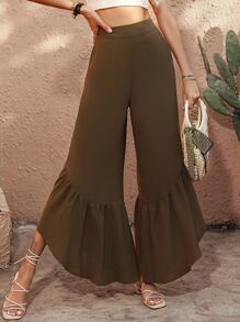 SHEIN VCAY High Waist Ruffle Hem Trousers - Brown - View 3