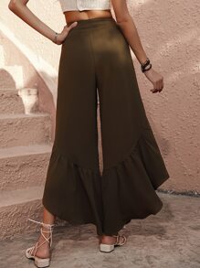 SHEIN VCAY High Waist Ruffle Hem Trousers - Brown - View 4
