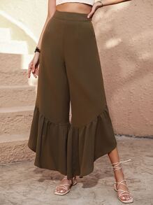 SHEIN VCAY High Waist Ruffle Hem Trousers - Brown - View 5