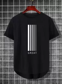 Manfinity Hombres Camiseta con estampado de rayas y letra - Negro - Ver 1