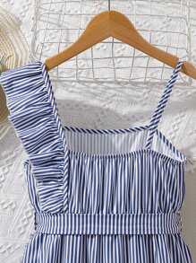 Chicas Vestido bajo cruzado de rayas de cuello asimétrico ribete con fruncido - Azul y blanco - Ver 4