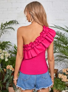 SHEIN VCAY 單肩荷葉邊上衣 - 玫紅色 - 查看 2