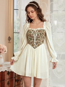 SHEIN MOD 花卉圖案提花扣眼前繫帶褶邊連衣裙 - 杏色 - 查看 3