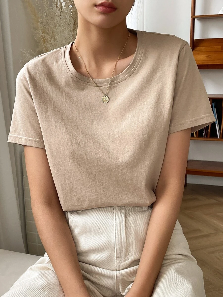 DAZY Solid Round Neck Tee,Business Casual Women - Khaki - View 1