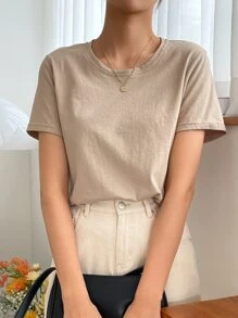 DAZY Solid Round Neck Tee,Business Casual Women - Khaki - View 4
