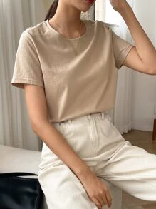 DAZY Solid Round Neck Tee,Business Casual Women - Khaki - View 5
