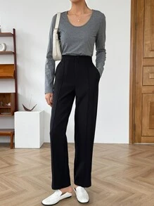 DAZY Solid Split Hem Suit Trousers - Black - View 6