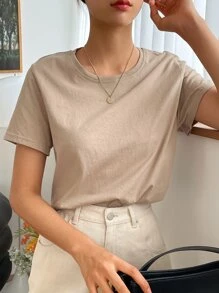 DAZY Solid Round Neck Tee,Business Casual Women - Khaki - View 6