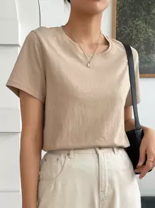 DAZY Solid Round Neck Tee,Business Casual Women - Khaki - View 7