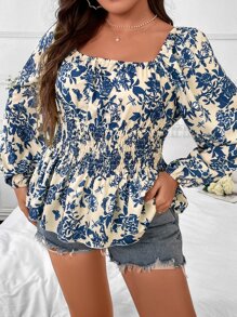 Celure Plus Floral Print Square Neck Lantern Sleeve Peplum Blouse Fall Cloth For Women - Multicolor - View 4