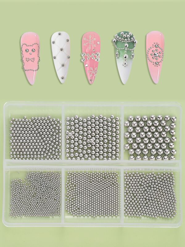 Juego de combinación de 6 rejillas con decoración de arte de uñas, cuentas de acero, dijes para uñas, gemas para uñas y suministros para uñas DIY