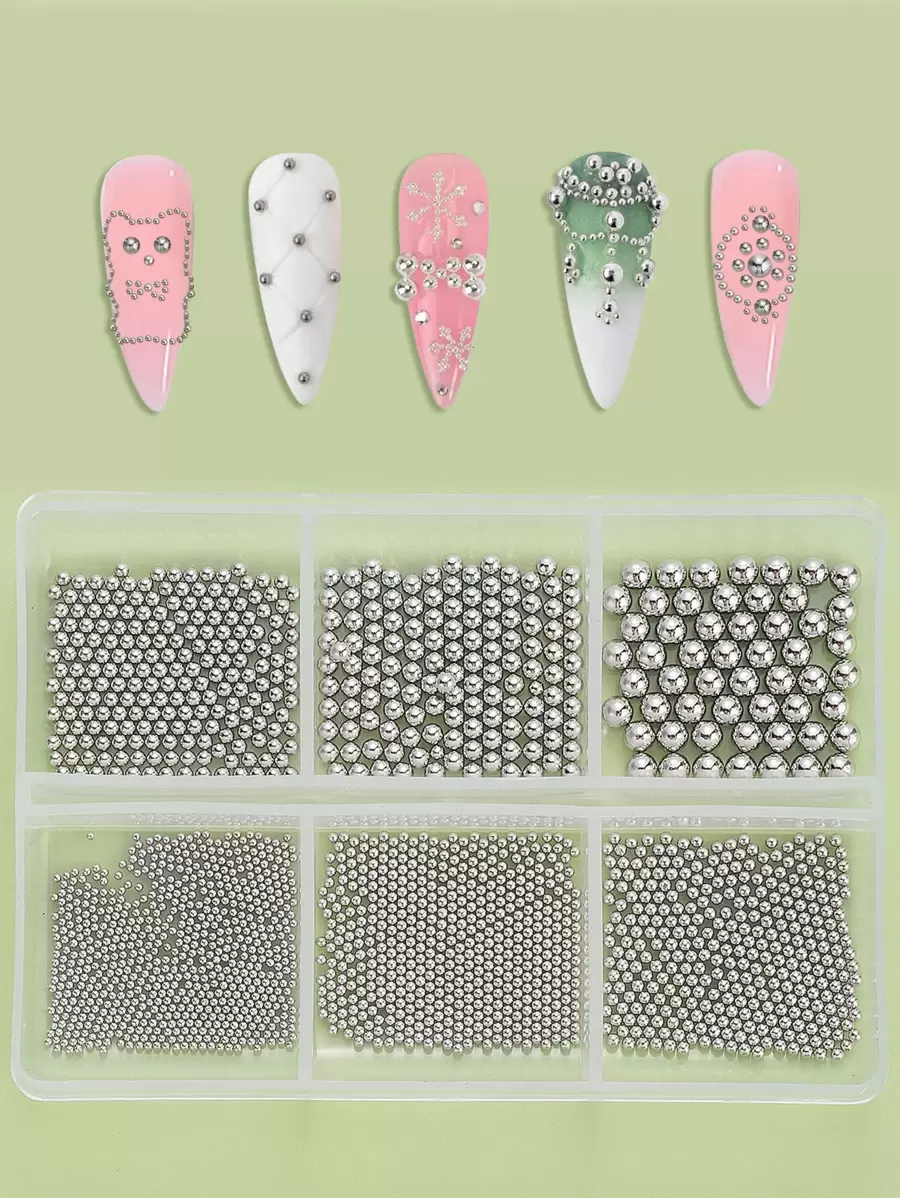 6格组合套装美甲装饰带钢珠DIY指甲饰品美甲宝石美甲用品指甲 - 銀色 - 查看 1
