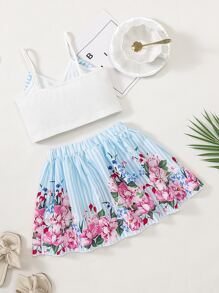 SHEIN 小女童條紋圖案前蝴蝶結吊帶上衣和印花半身裙 - 藍白色 - 查看 2