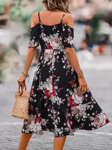 EMERY ROSE Robe longue à imprimé floral, épaules dénudées, ourlet enveloppant pour femme