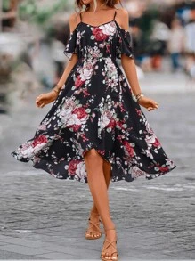 EMERY ROSE Robe longue à imprimé floral, épaules dénudées, ourlet enveloppant pour femme