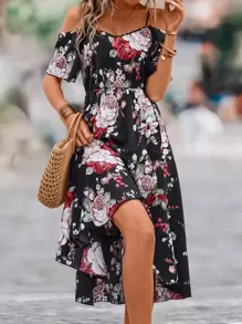 EMERY ROSE Robe longue à imprimé floral, épaules dénudées, ourlet enveloppant pour femme