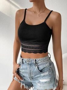 Chiquease Áo hai dây Tương phản ren Gân đan màu trơn Giải trí - màu đen - Xem 3