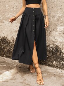 SHEIN VCAY 前紐扣開衩短裙 - 黑色 - 查看 1